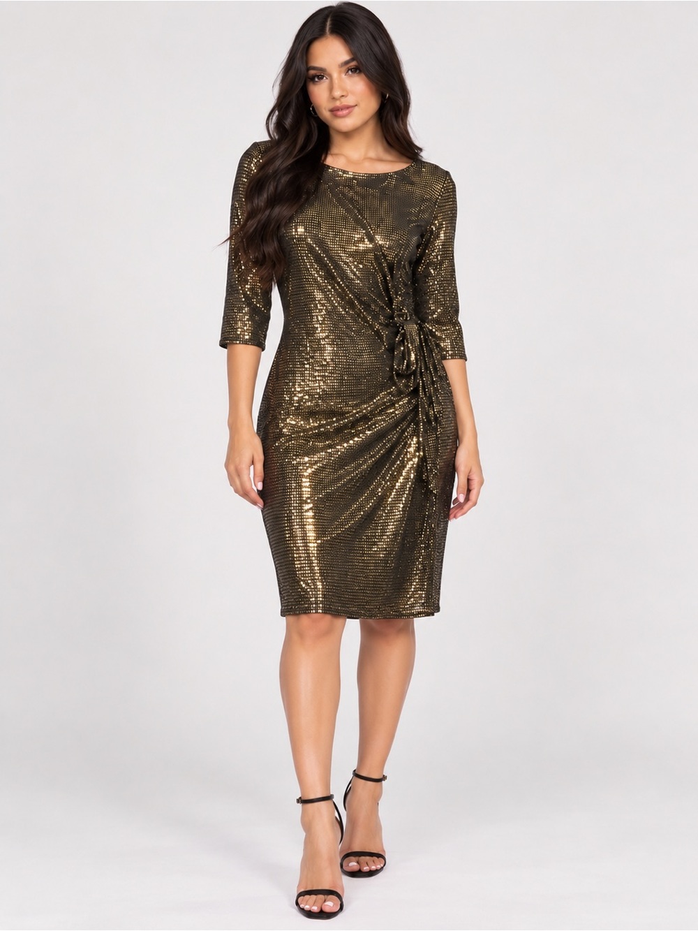 Robbie Bee Gold Sequin Midi Dress with Side Tie